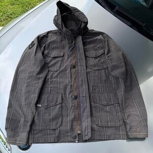 Diverse wear system Grey and white plaid hooded military jacket
